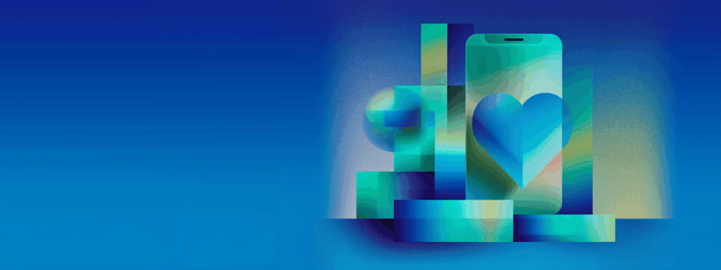 Abstract illustration of a smartphone displaying a heart icon with geometric shapes representing social media marketing