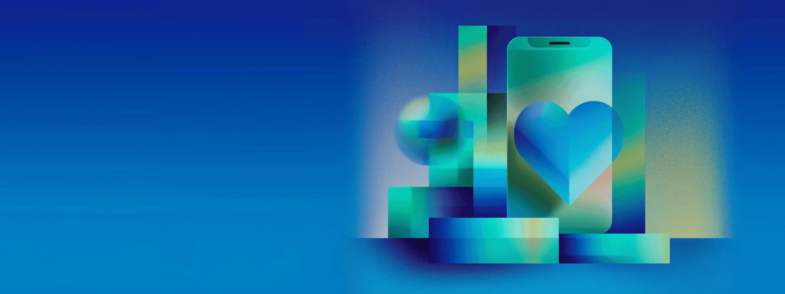 Abstract illustration of a smartphone displaying a heart icon with geometric shapes representing social media marketing