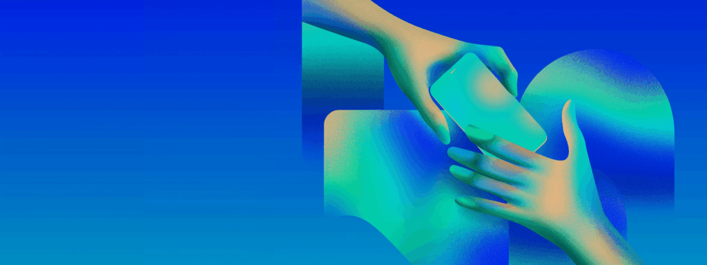 Abstract illustration of two hands exchanging a smartphone representing outsourcing social media management
