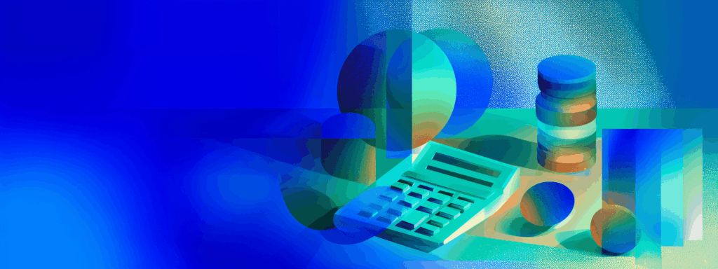 Abstract illustration of a calculator and stacked coins representing a small business marketing budget