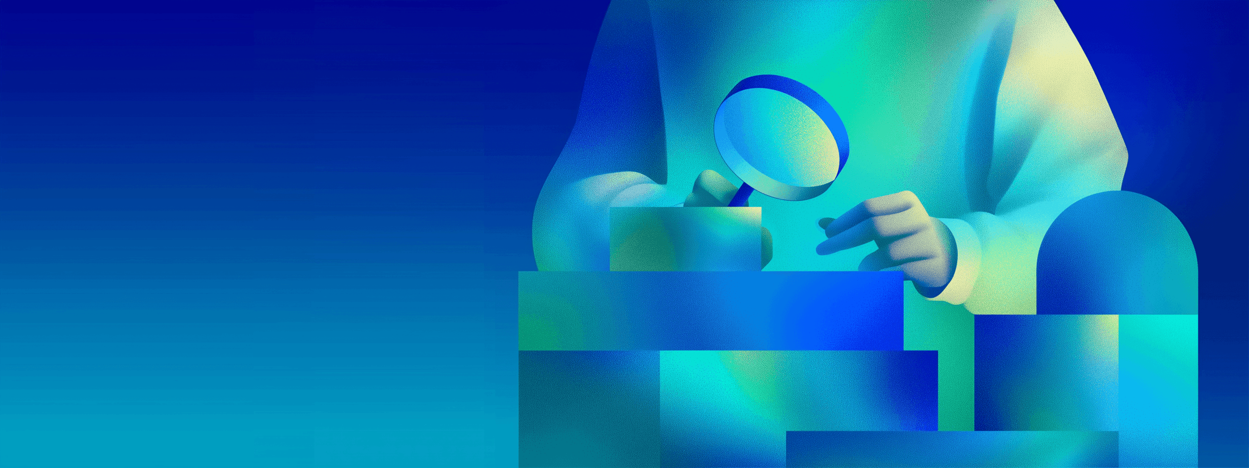 Abstract illustration of a person using a magnifying glass to examine geometric blocks representing small business SEO
