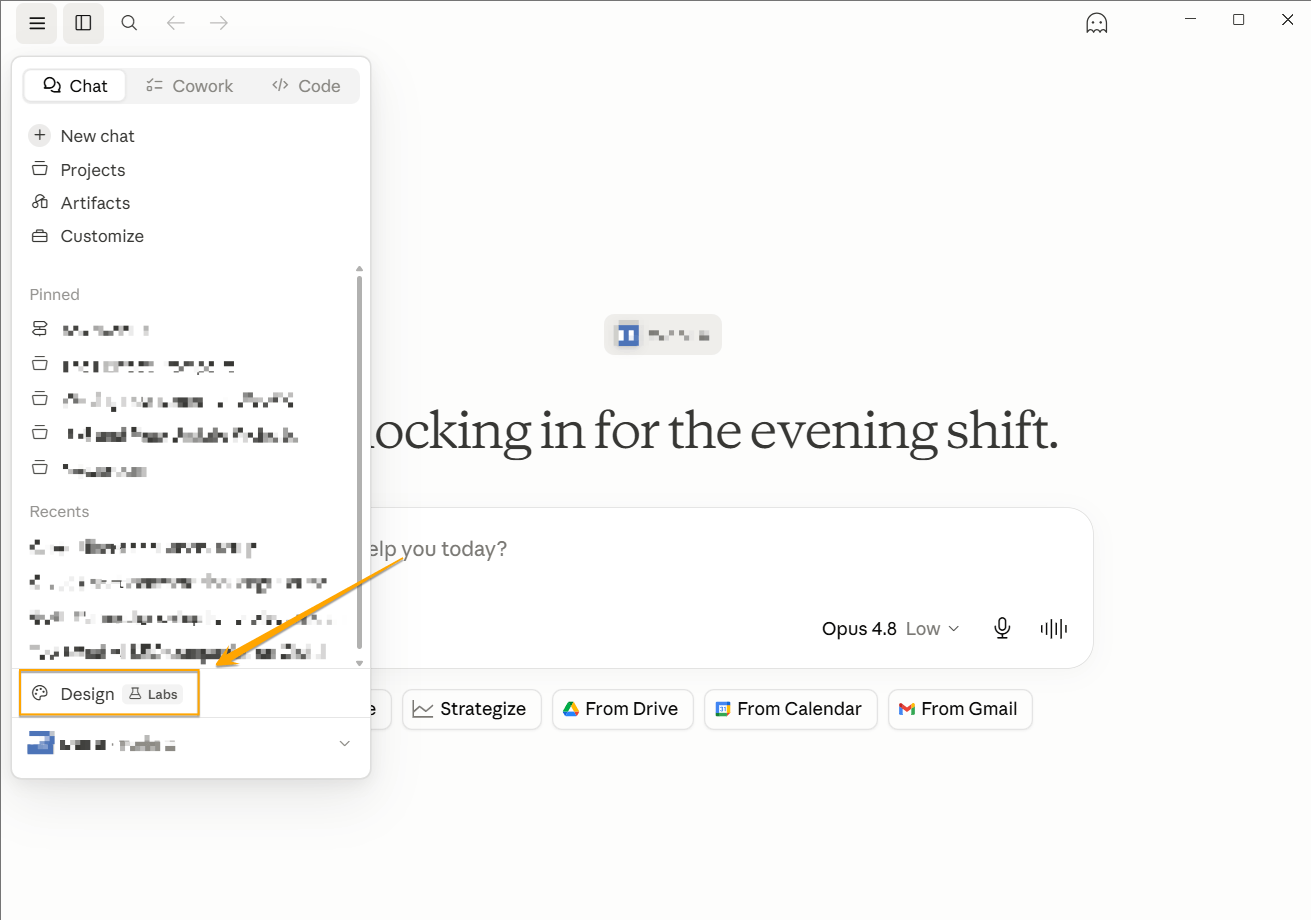 Launch Claude Design from the sidebar menu of the desktop app