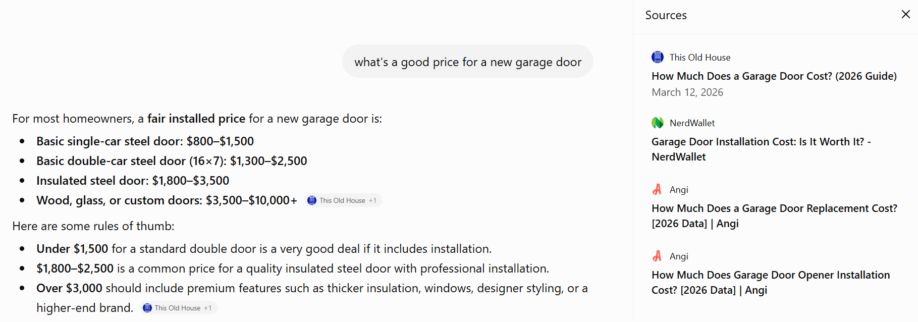 chatgpt results - garage door pricing