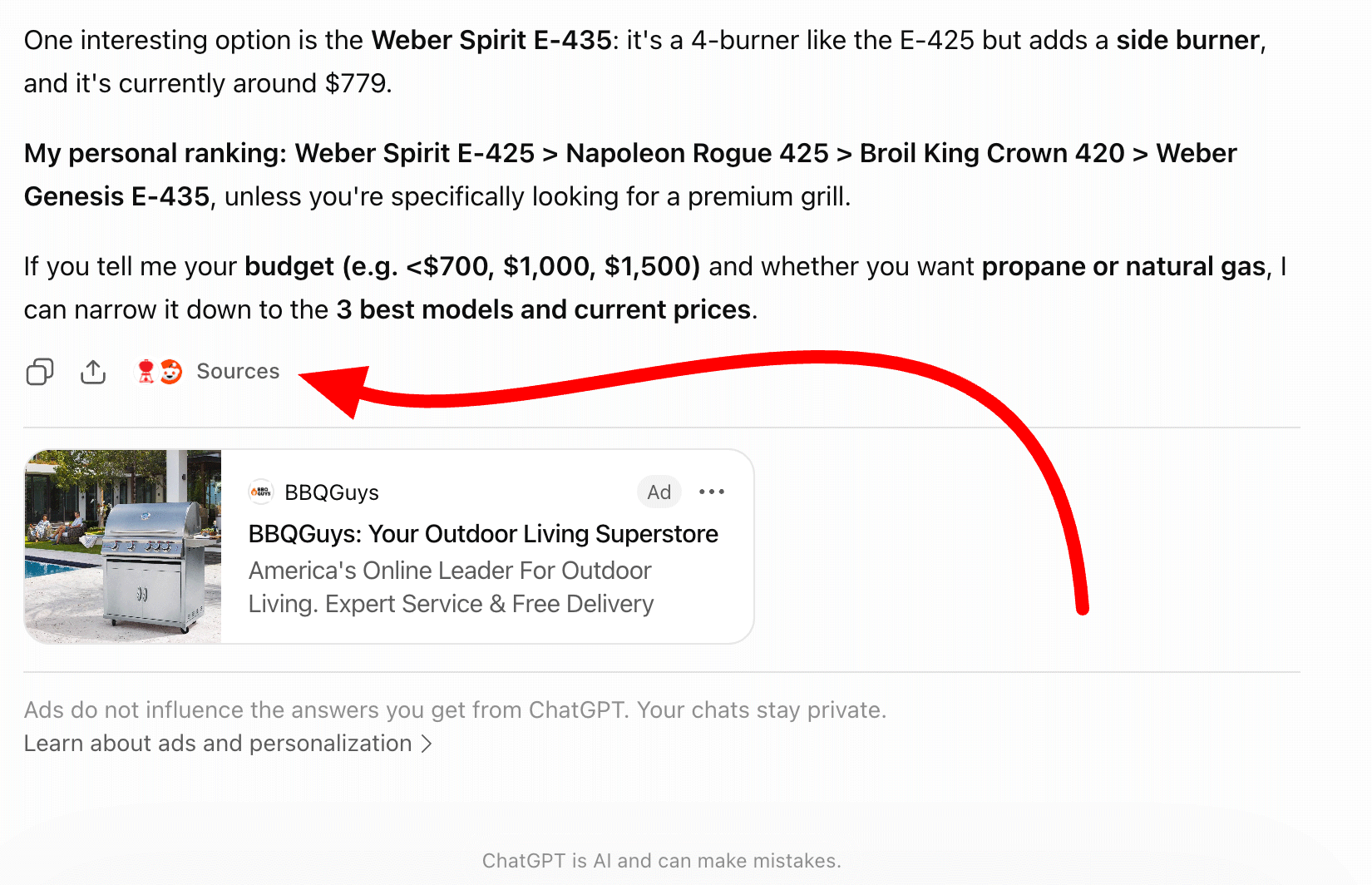 The ChatGPT Sources button in the footer. Source: Search Engine Roundtable