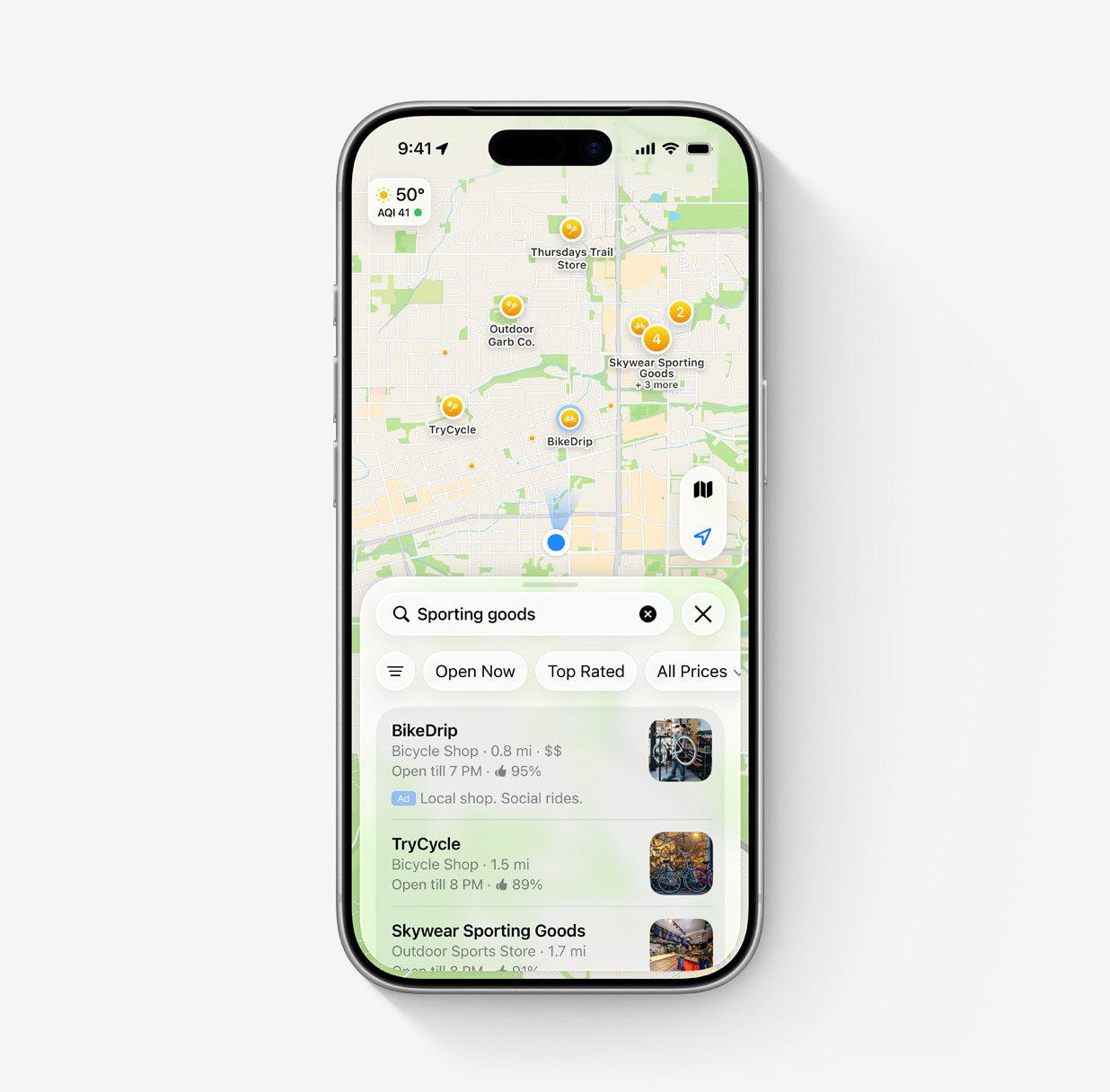 Apple Maps search results for sporting goods, with a sponsored bicycle shop listing labeled by a blue Ad badge above two organic results.