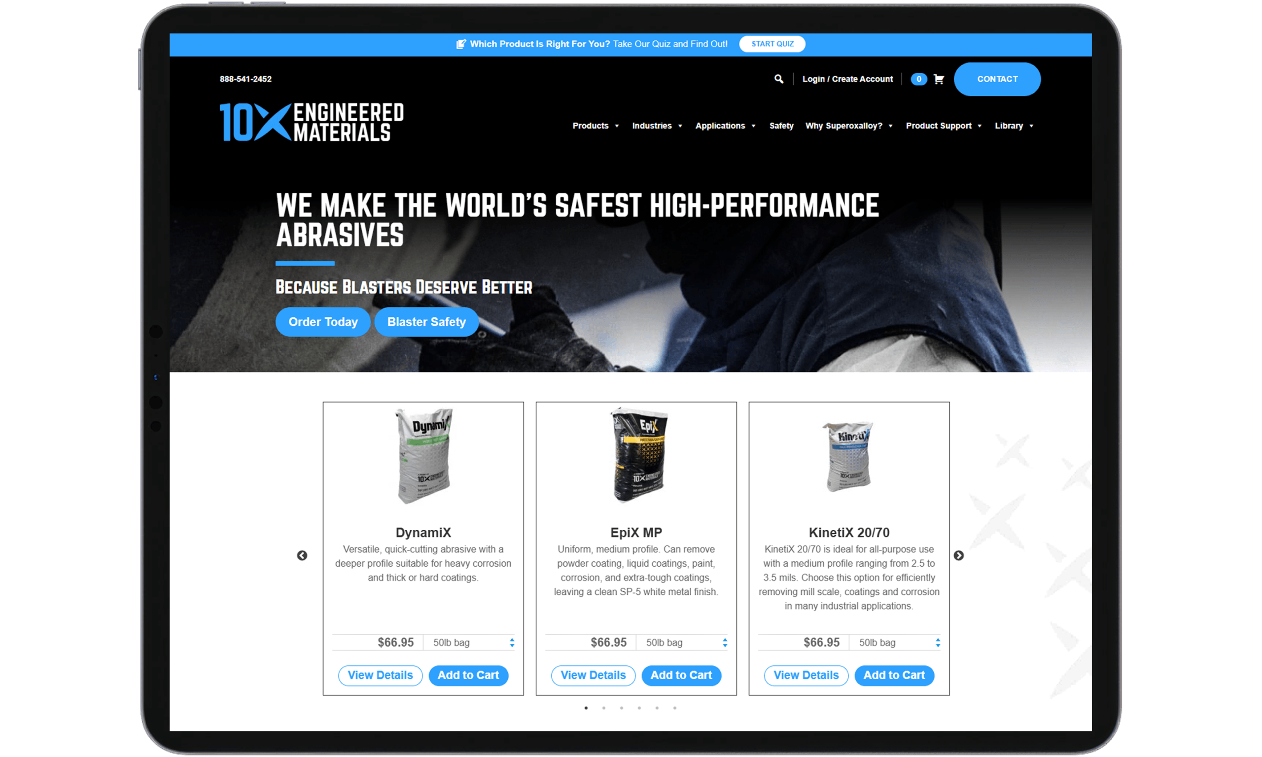 10X Engineered Materials homepage tablet view