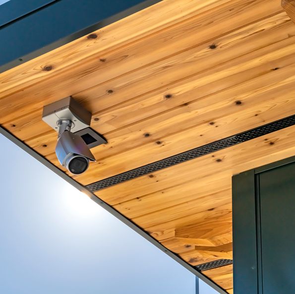 Silver bullet security camera angled downward
