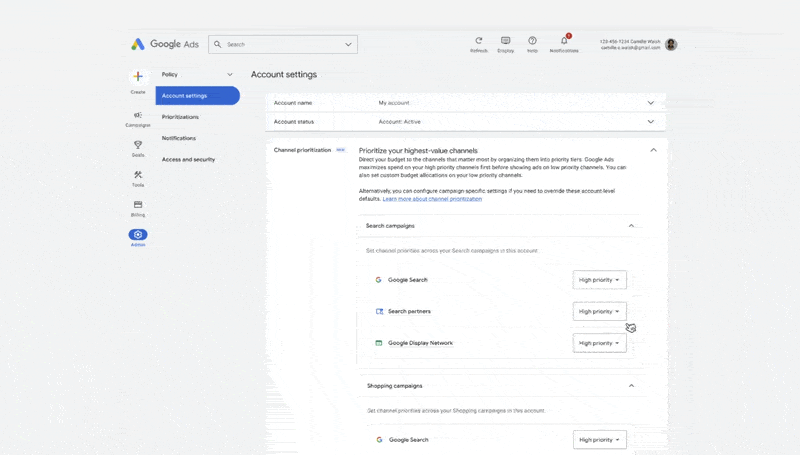 Google Ads channel prioritization in account settings 